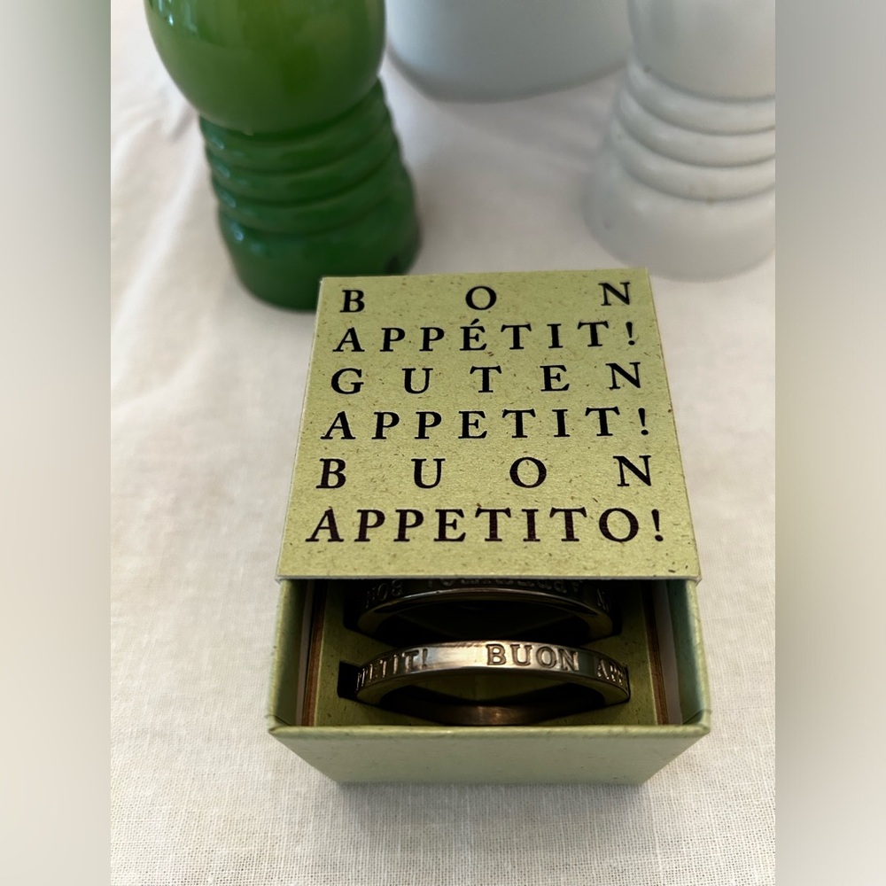 VILMAIN + KLINGER PEWTER NAPKIN RINGS SET OF 4 BON APPETIT! BUON APPETITO